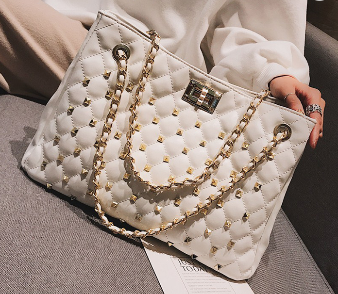 Cream Tote  Bag with Gold Studs and woven chain handles