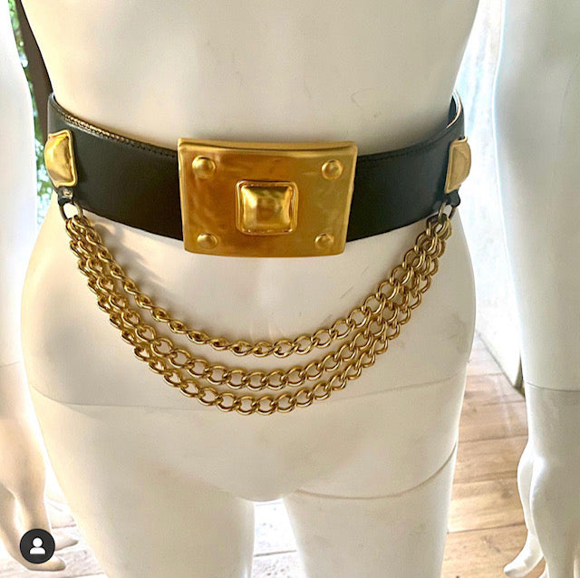 Pre-owned CHANEL Vintage 1994 Gold Chain Link Belt w/Woven Black Leather